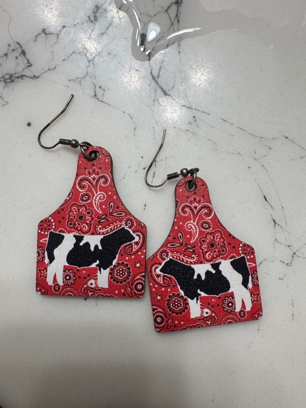 Red Paisley Cow Print Dangle Earrings